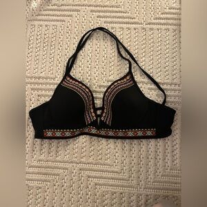 Shade & Shore Women’s Sz 36 B Black Blue Bikini Top W/ Embroidery Details